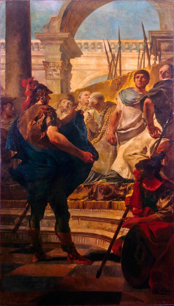 Artiste: Giambattista Tiepolo (1696–1770) "Quintus Fabius Maximus devant le Sénat de Carthage". Peinture. Date entre 1725 et 1729, huile sur toile. Hauteur : 387 cm ; Largeur : 224 cm. Collection musée de l'Ermitage, Saint Pétersbourg, Russie.